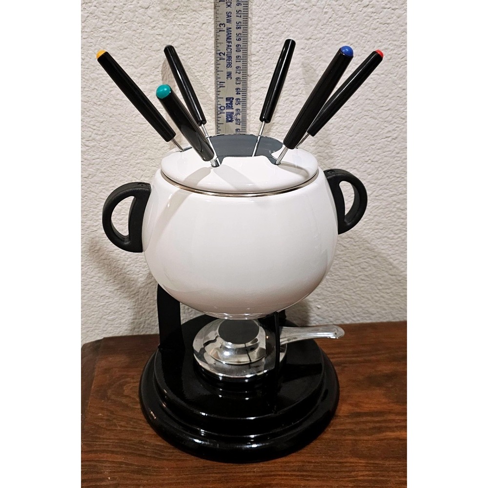 Vintage Roshco Enamel 10 Piece Fondue Set White Black Mid Century Retro Kitchen